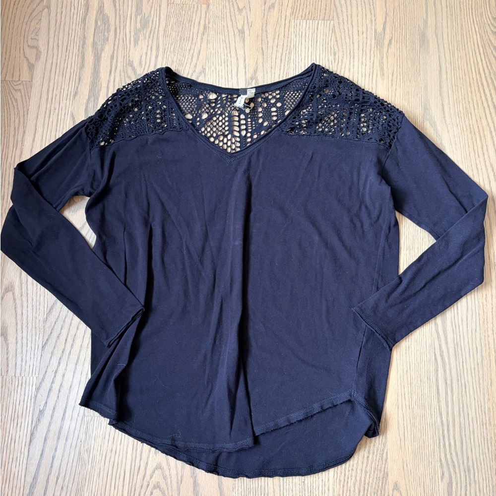 Free People Black Long Sleeve Top with Crochet Yoke